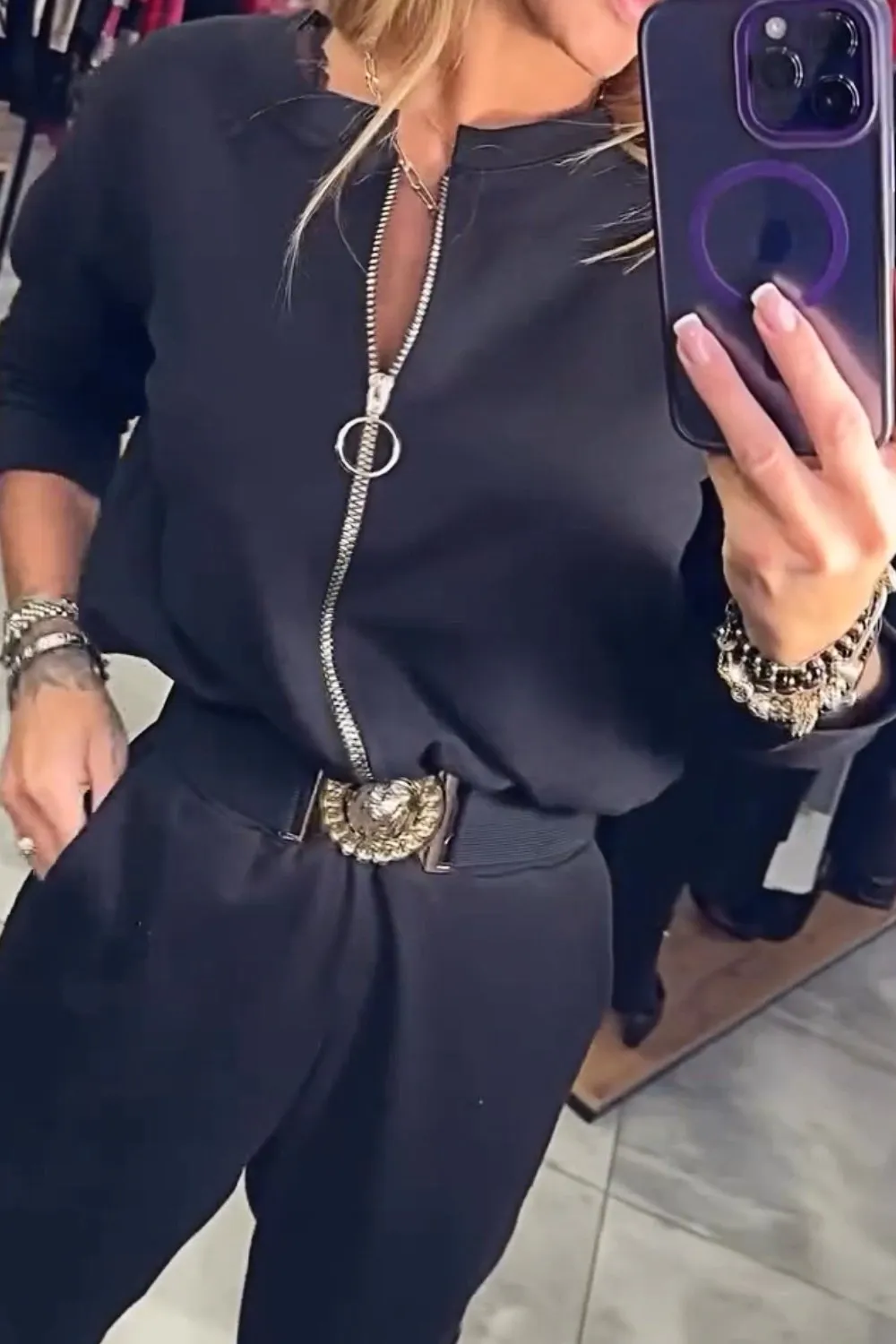 Women's Zipper Jacket & Slim Buttoned Trousers Two-piece Set