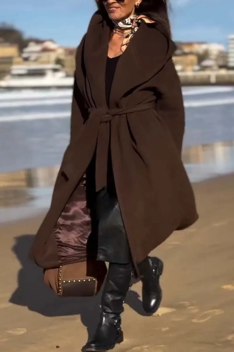 Women's Casual Waist Belted Hooded Coat